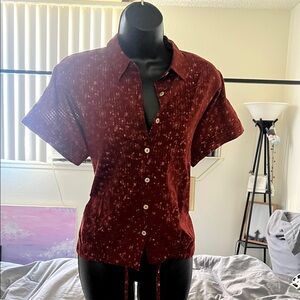 Red Button-Up Short Sleeve Blouse